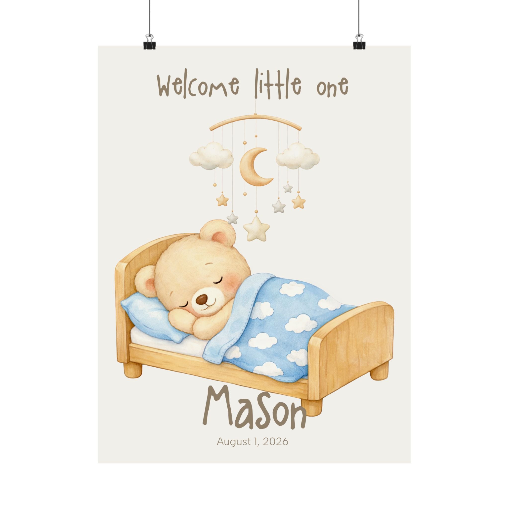Personalized bear in bed with moon stars mobile nursery poster, custom baby name and birth date