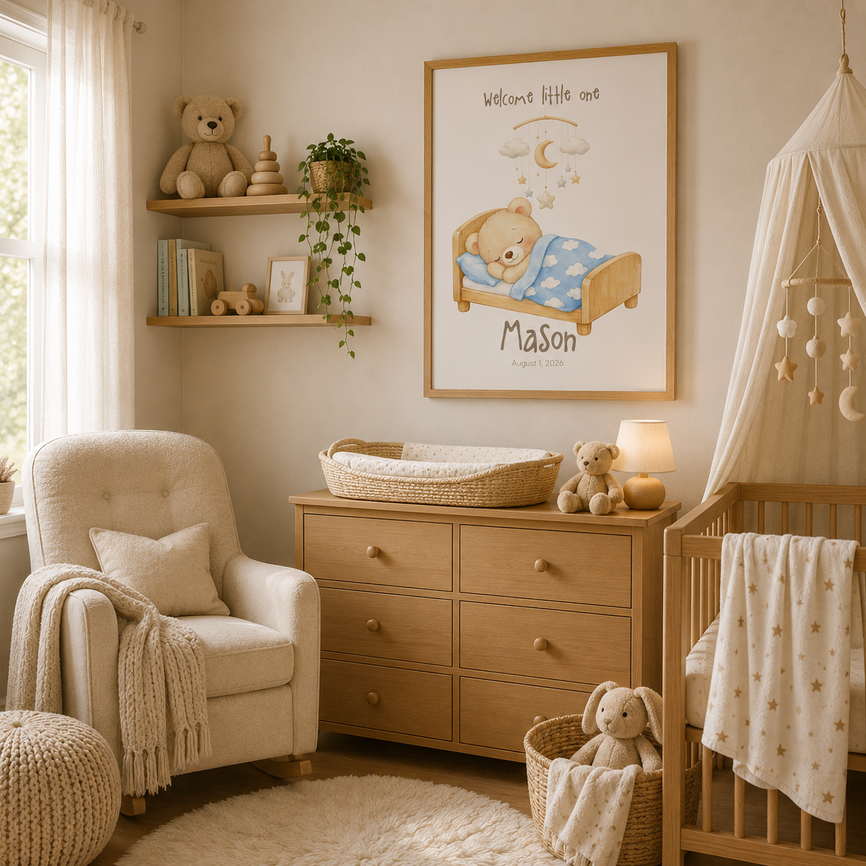 Bear sleeping in wooden bed under mobile baby name poster in nursery room