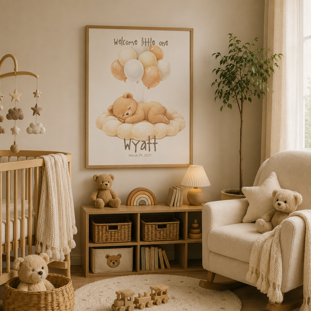 Close-up of cloud balloon bear poster showing personalized name and birth date