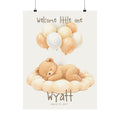 Personalized sleeping bear on cloud with balloons nursery poster, custom baby name and birth date