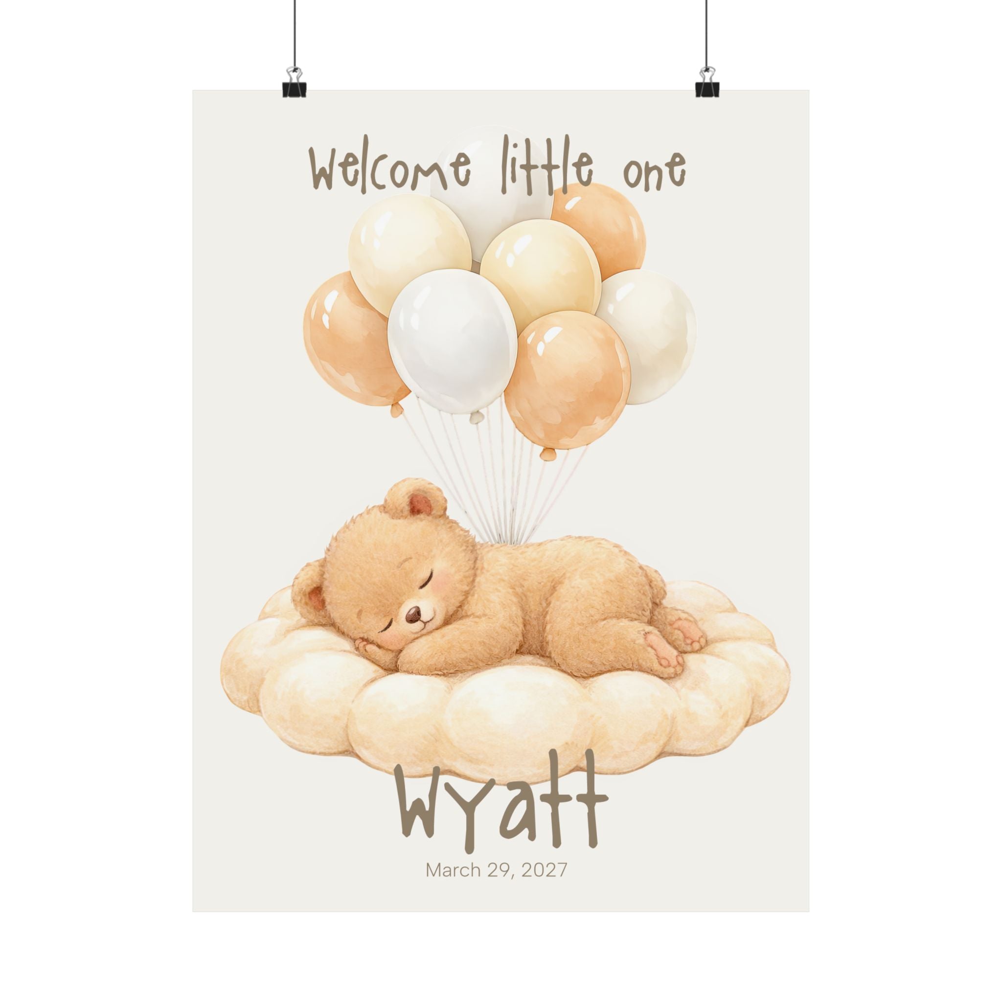 Personalized sleeping bear on cloud with balloons nursery poster, custom baby name and birth date