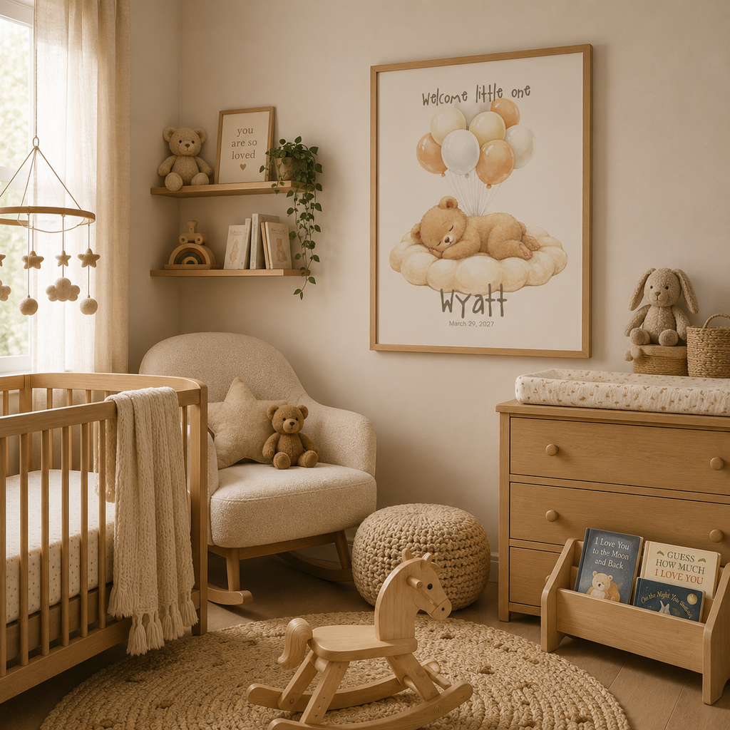 Bear on cloud balloon nursery poster displayed in baby room setting