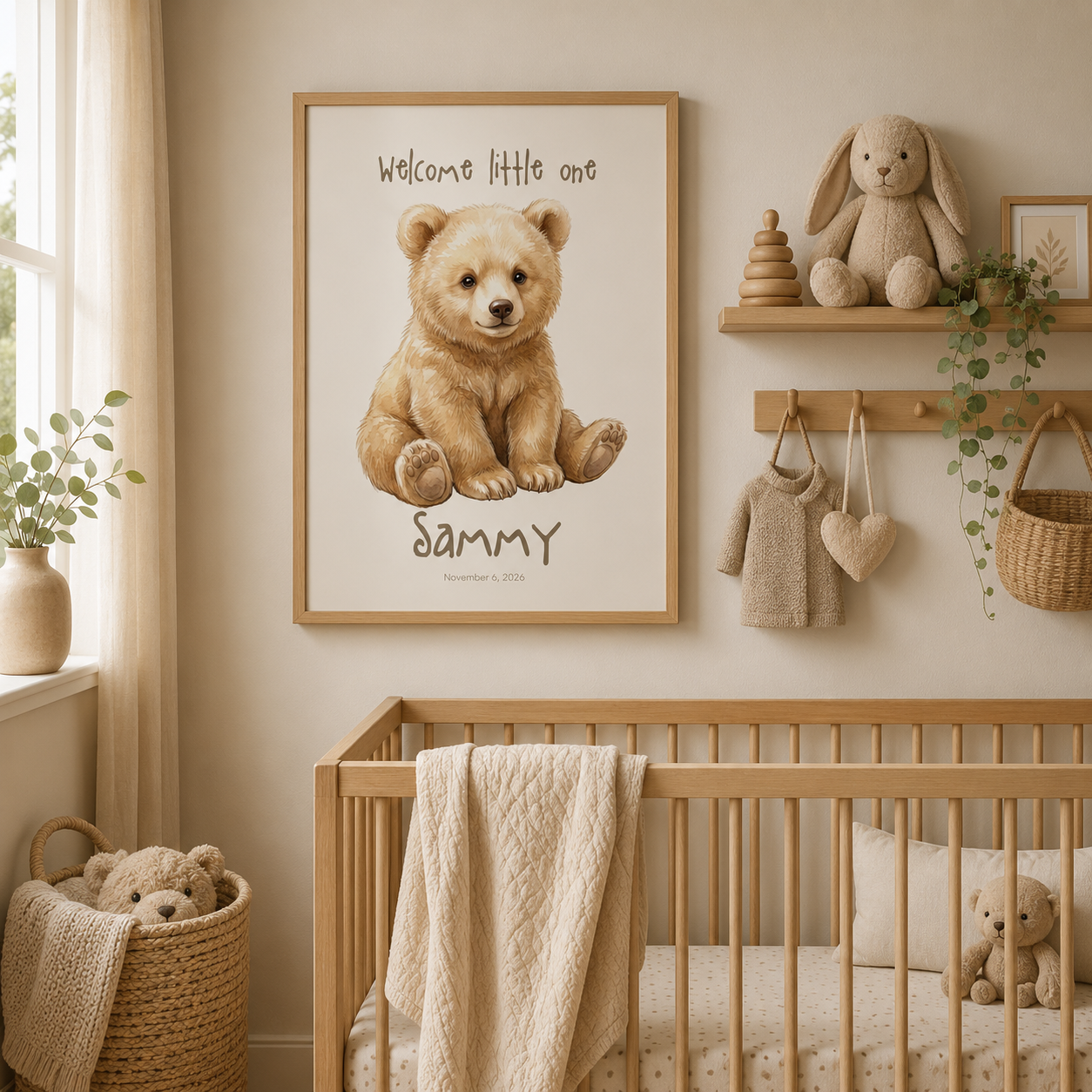 Close-up of bear cub nursery poster showing personalized name and birth date