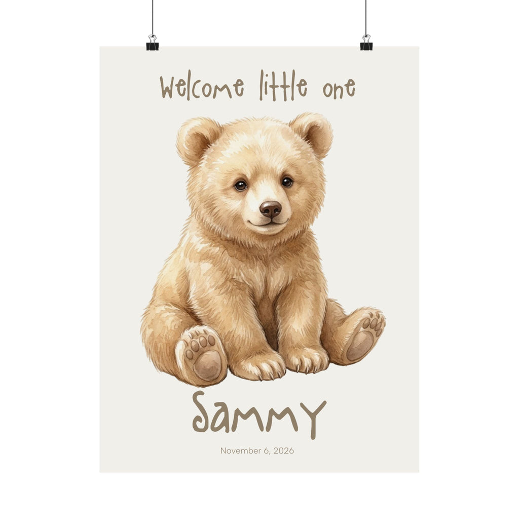 Personalized watercolor bear cub nursery poster with custom baby name and birth date