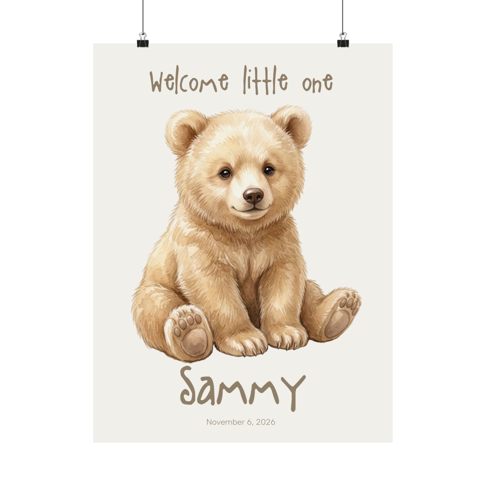 Personalized watercolor bear cub nursery poster with custom baby name and birth date