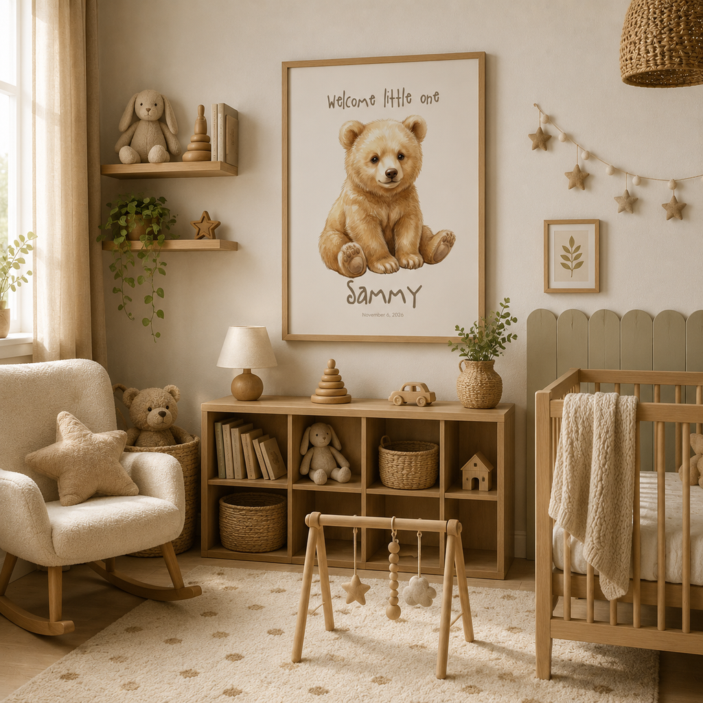 Realistic bear cub baby name poster displayed in woodland nursery room