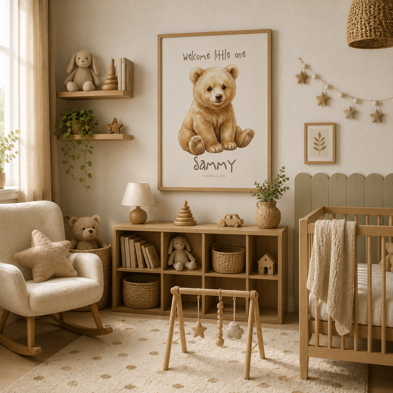 Realistic bear cub baby name poster displayed in woodland nursery room