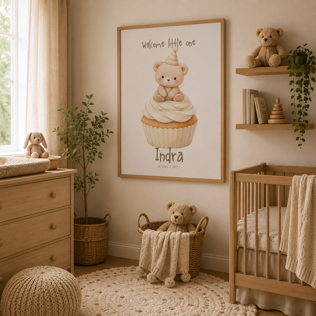 Close-up of bear cupcake poster showing personalized name and birth date