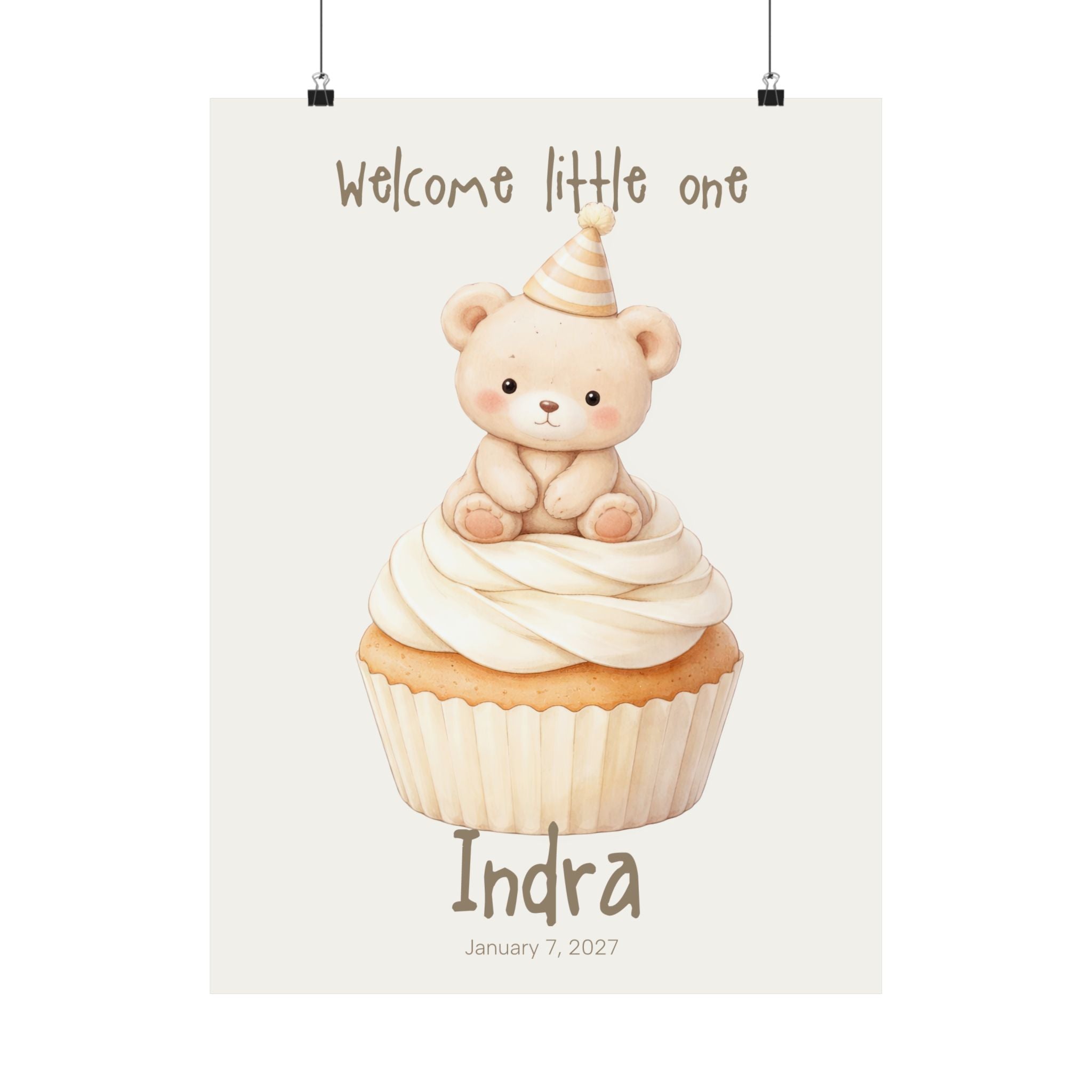 Personalized bear on cupcake nursery poster with party hat, custom baby name and birth date