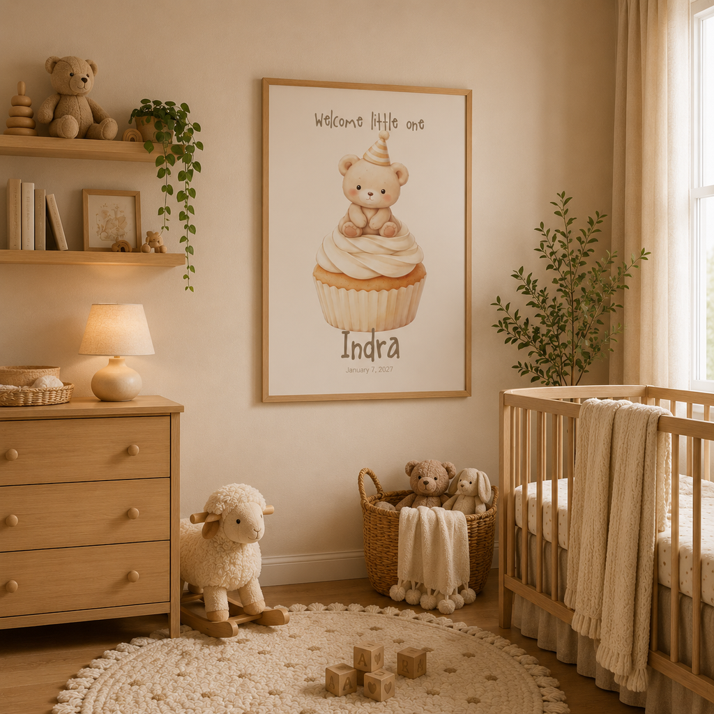 Bear on cupcake baby name poster displayed in nursery room setting