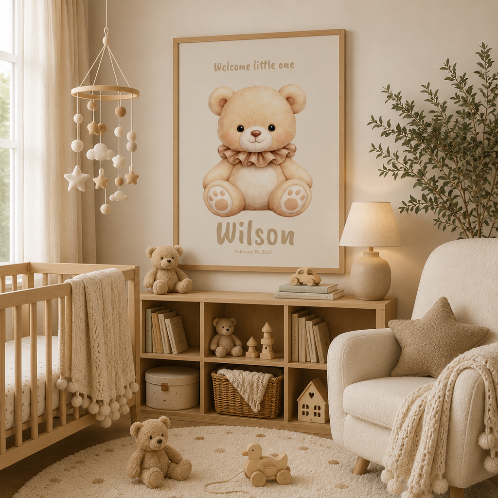 Close-up of bear ruffle collar poster showing personalized name and birth date