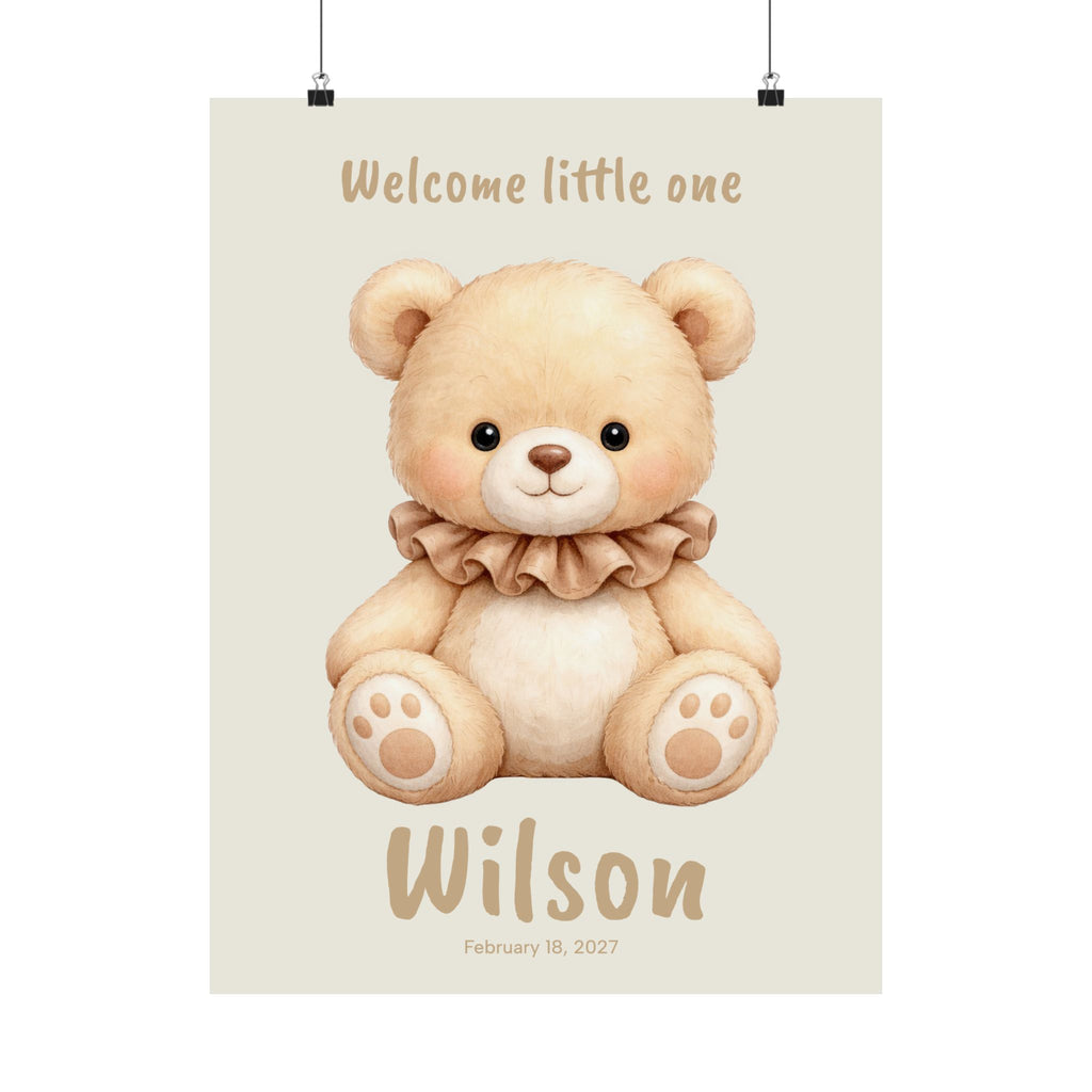 Personalized bear with ruffle collar nursery poster, custom baby name and birth date