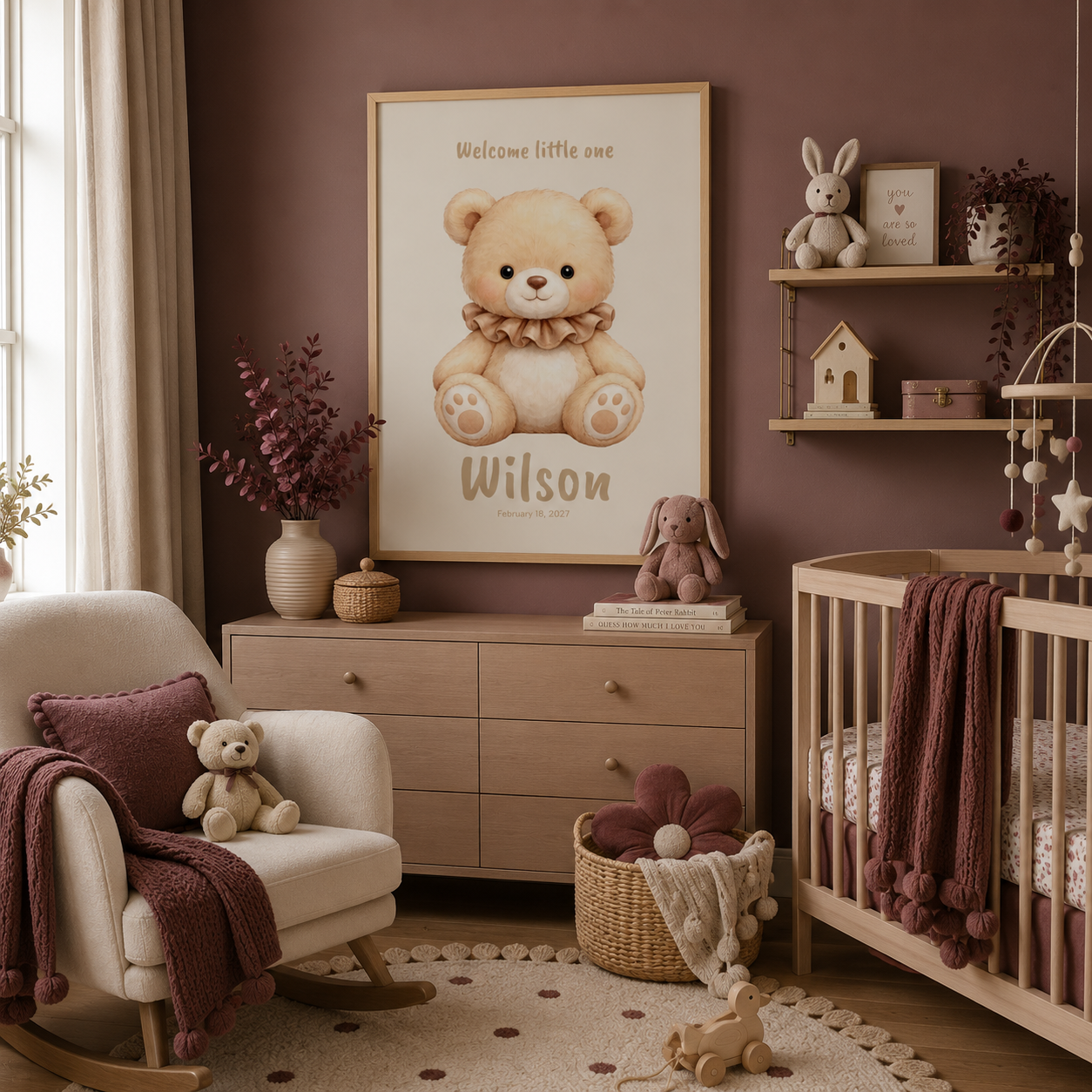 Golden bear with ruffle collar baby name poster in nursery room