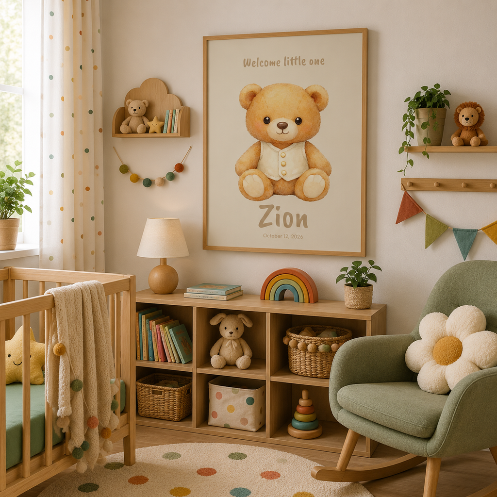 Close-up of bear vest poster showing personalized name and birth date