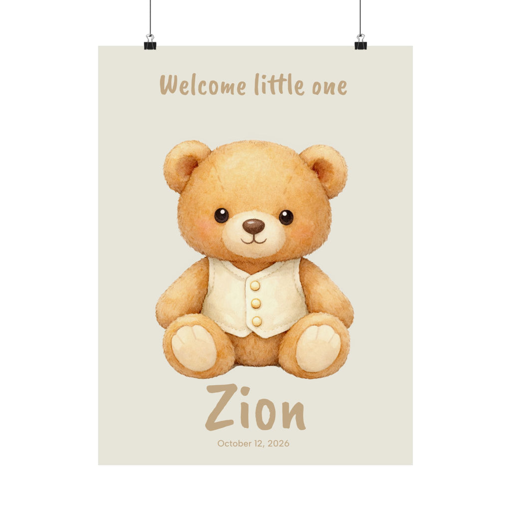 Personalized bear with cream vest nursery poster, custom baby name and birth date