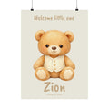 Personalized bear with cream vest nursery poster, custom baby name and birth date