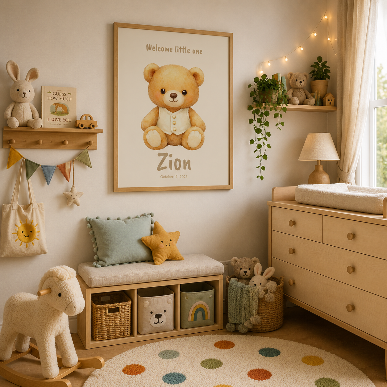 Bear in vest baby name poster in nursery room