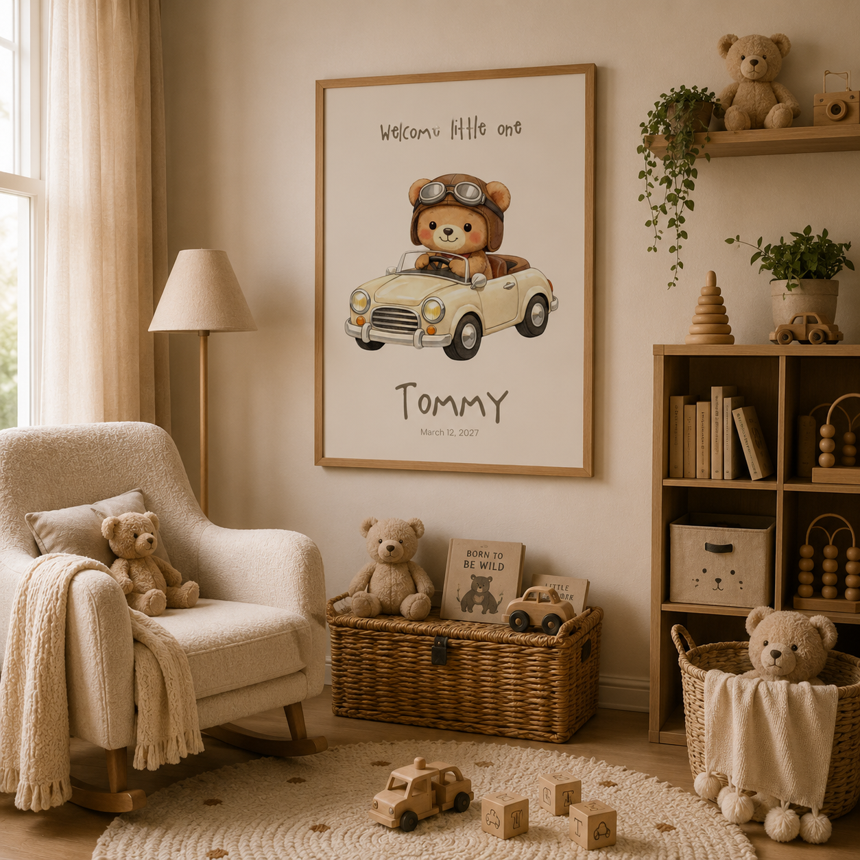 Close-up of vintage car bear poster showing personalized name and birth date