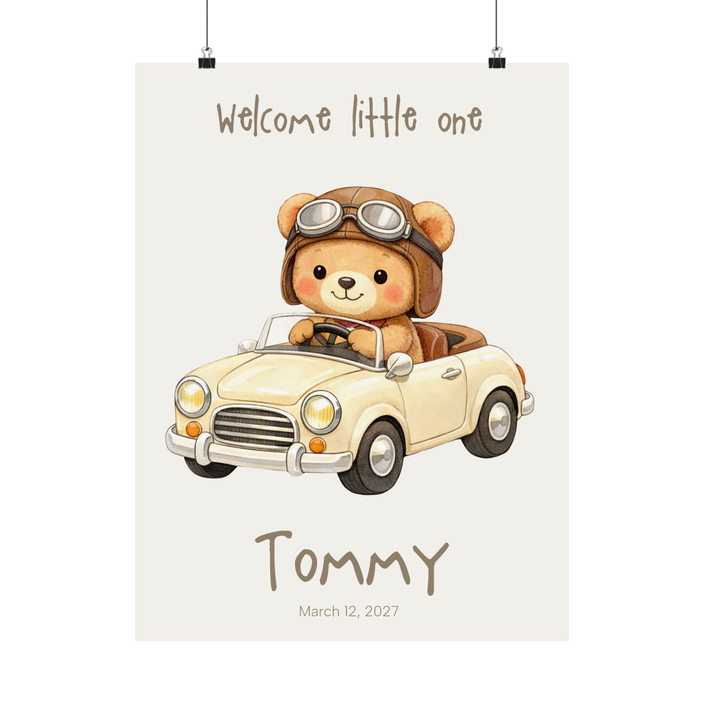 Personalized bear in vintage car nursery poster with aviator helmet, custom baby name and birth date