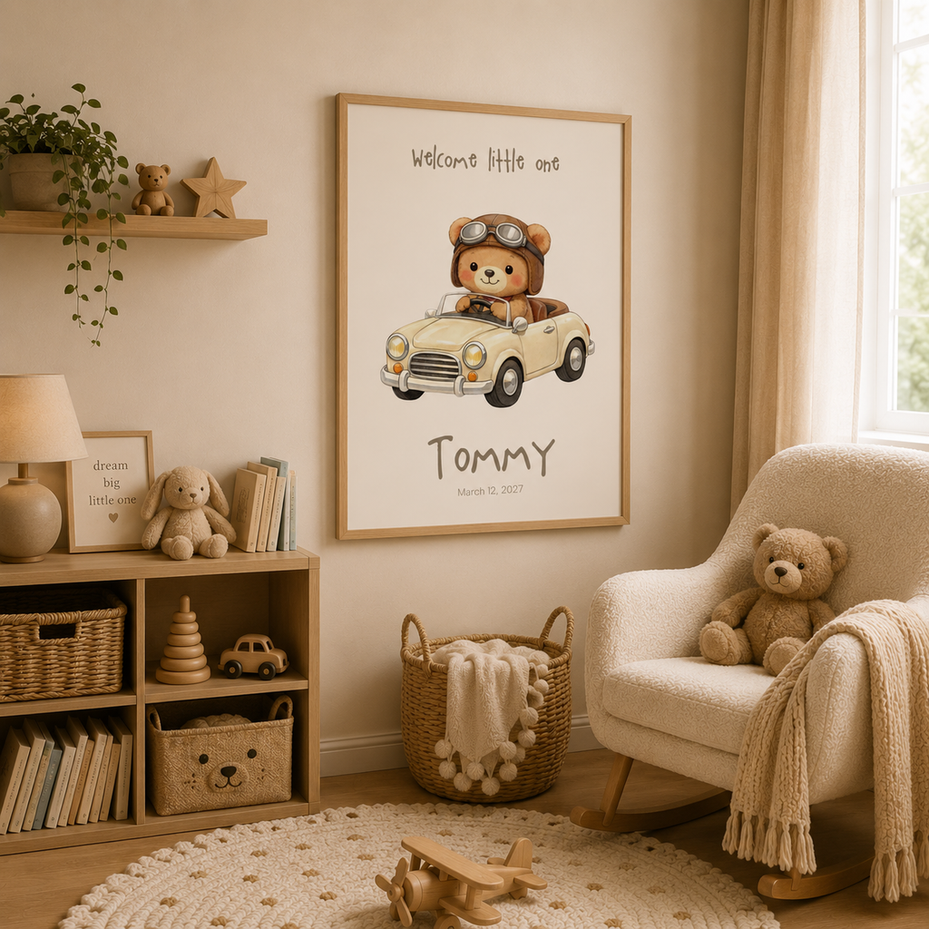 Bear driving vintage car baby name poster displayed in nursery room