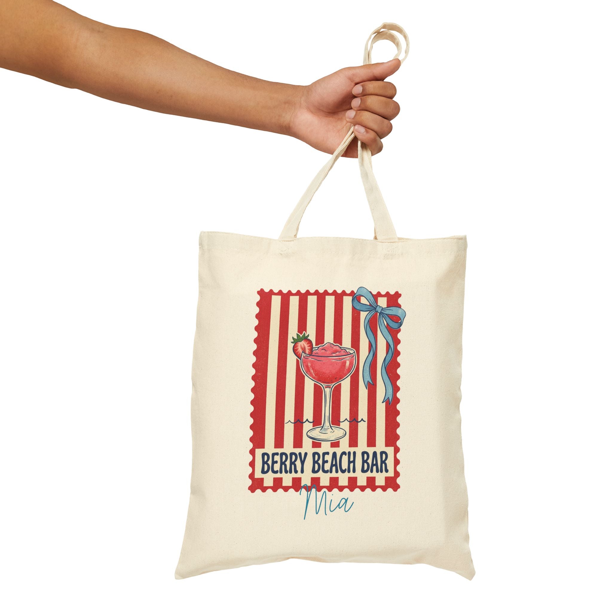 Personalized berry beach bar canvas tote bag size and dimensions reference