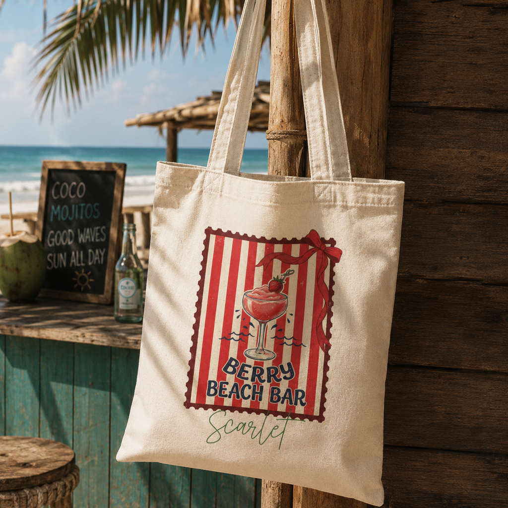 Personalized berry beach bar tote bag shown worn on shoulder, lifestyle photo