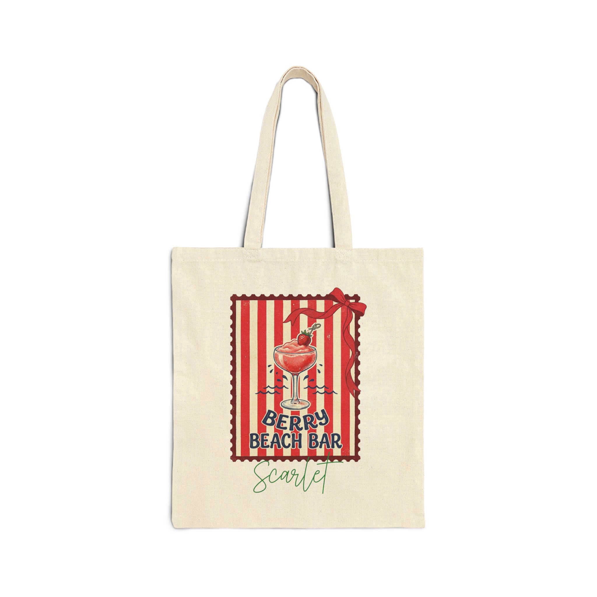Personalized berry beach bar canvas tote bag with custom name, frozen daiquiri design