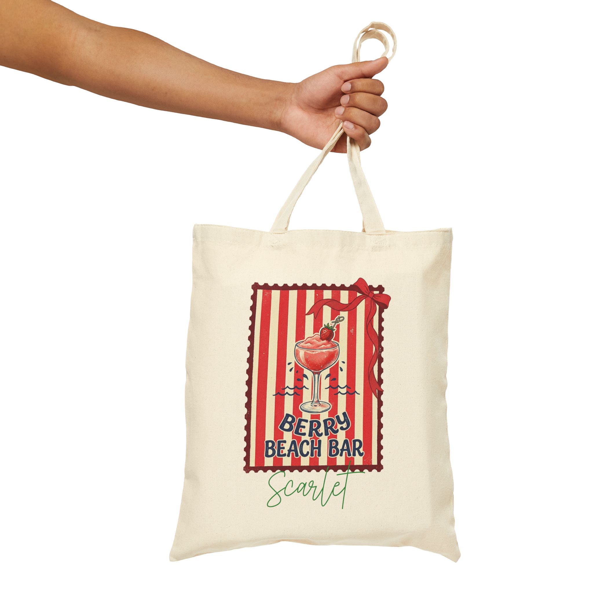 Personalized berry beach bar canvas tote bag size and dimensions reference