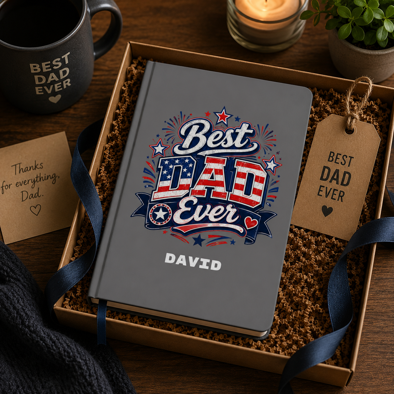 Personalized grey dad journal lifestyle – on desk with notebook open