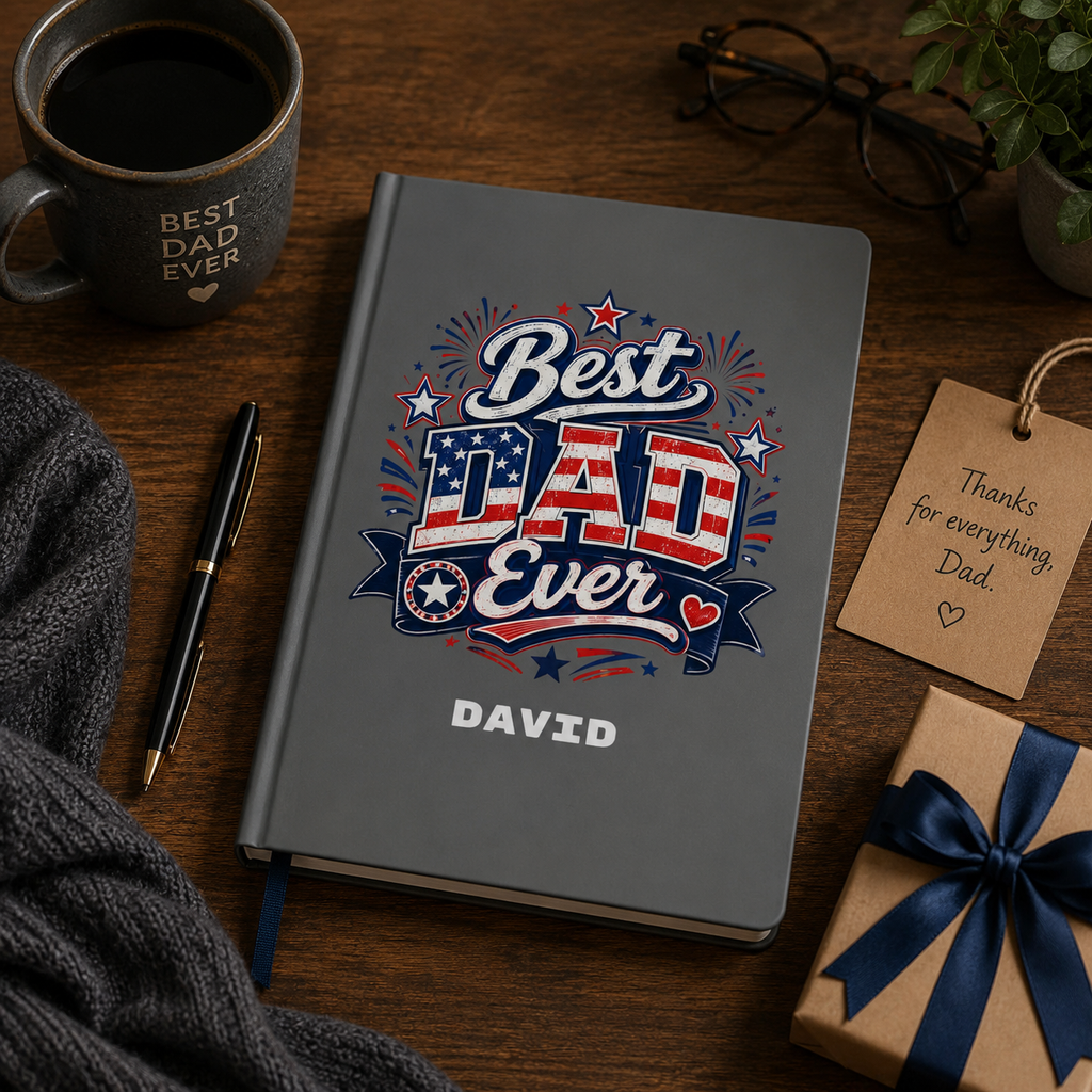 Grey Best Dad Ever notebook open flat – showing casewrap binding and 90gsm pages