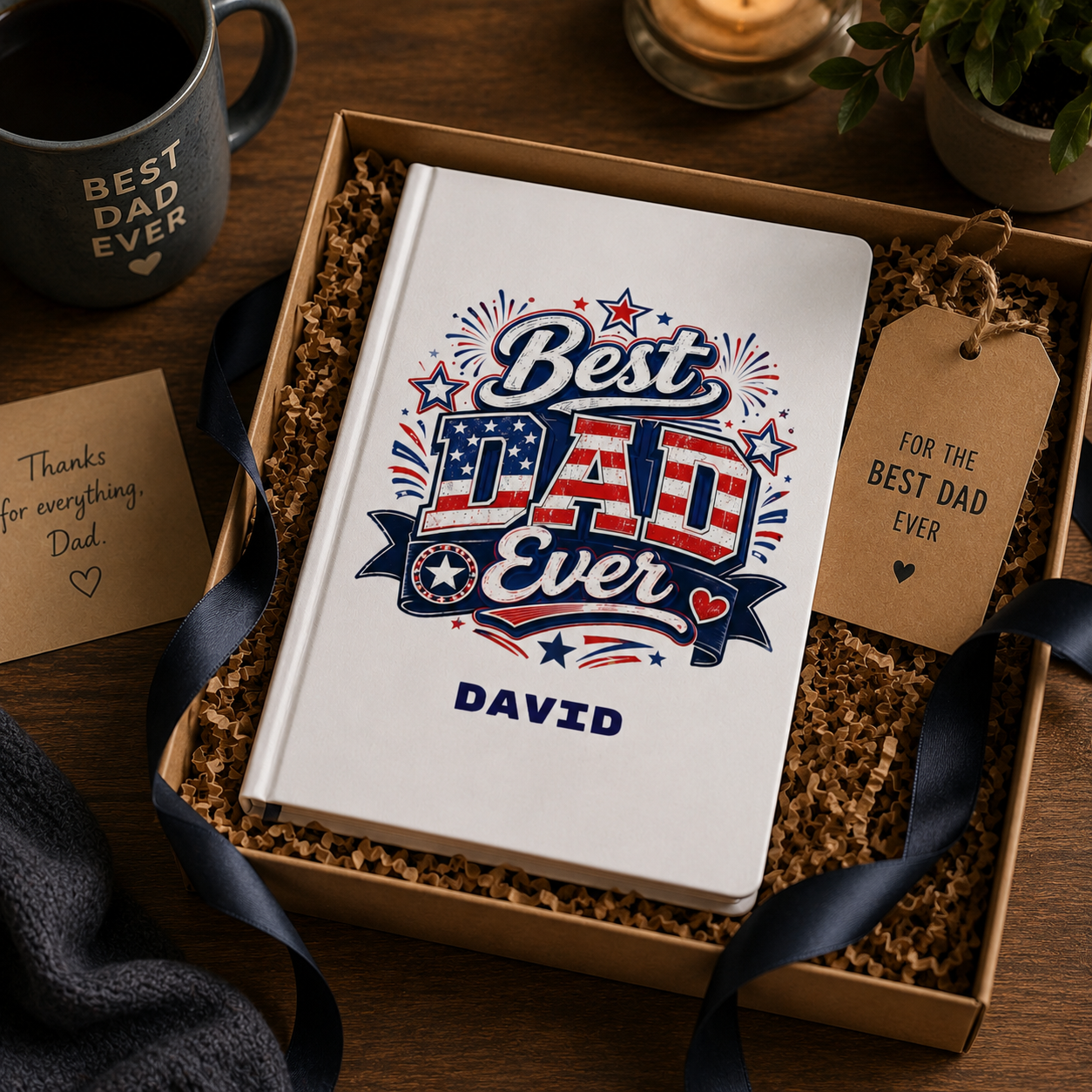 Personalized dad journal lifestyle – white notebook on desk with coffee