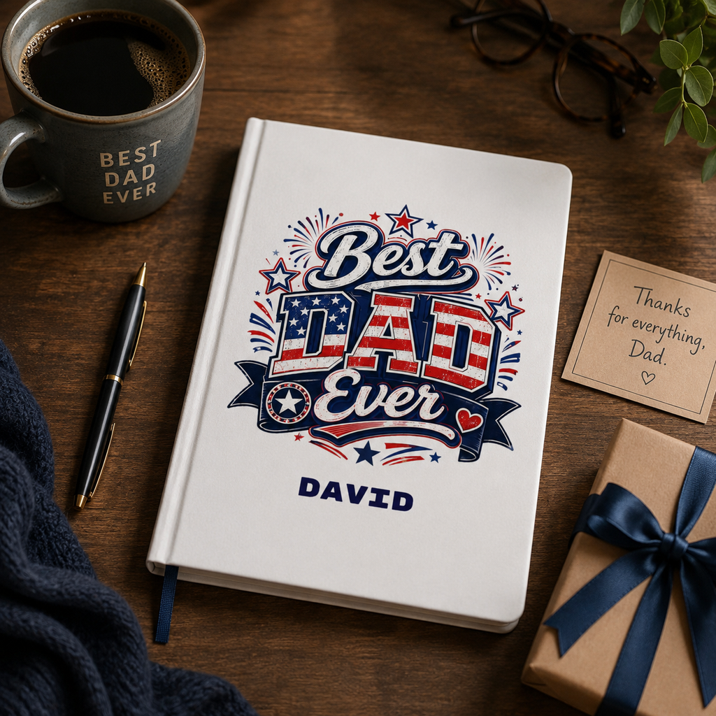 Best Dad Ever hardcover notebook open flat – showing 90gsm lined pages