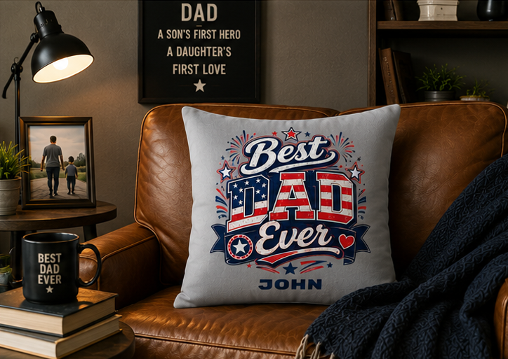 Best Dad Ever pillow – red white and blue retro design with name