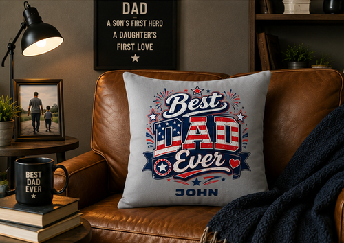 Best Dad Ever pillow – red white and blue retro design with name
