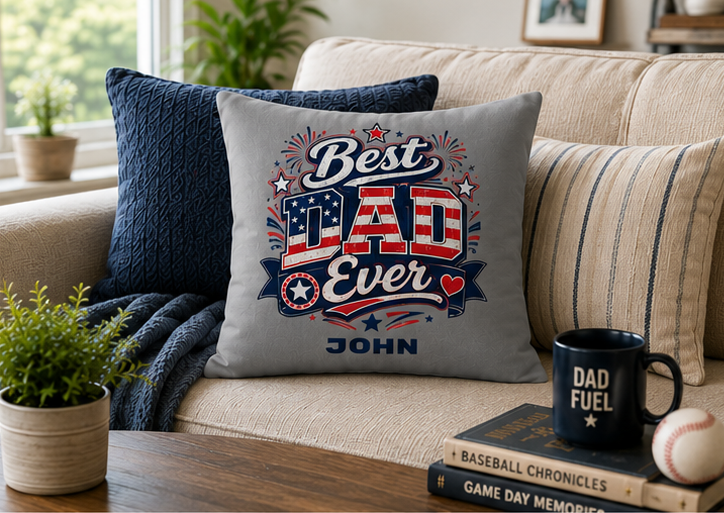 Close-up of Best Dad Ever pillow print with stars and fireworks