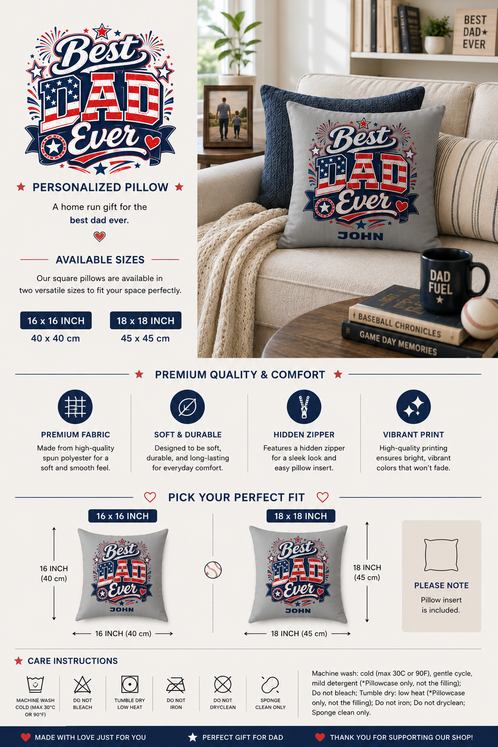 Personalized Best Dad Ever pillow – 4th of July or birthday gift for dad