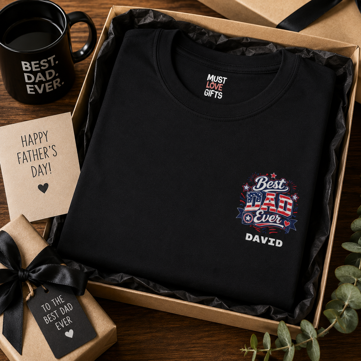 Black Best Dad Ever t-shirt flat lay – personalized Father's Day gift