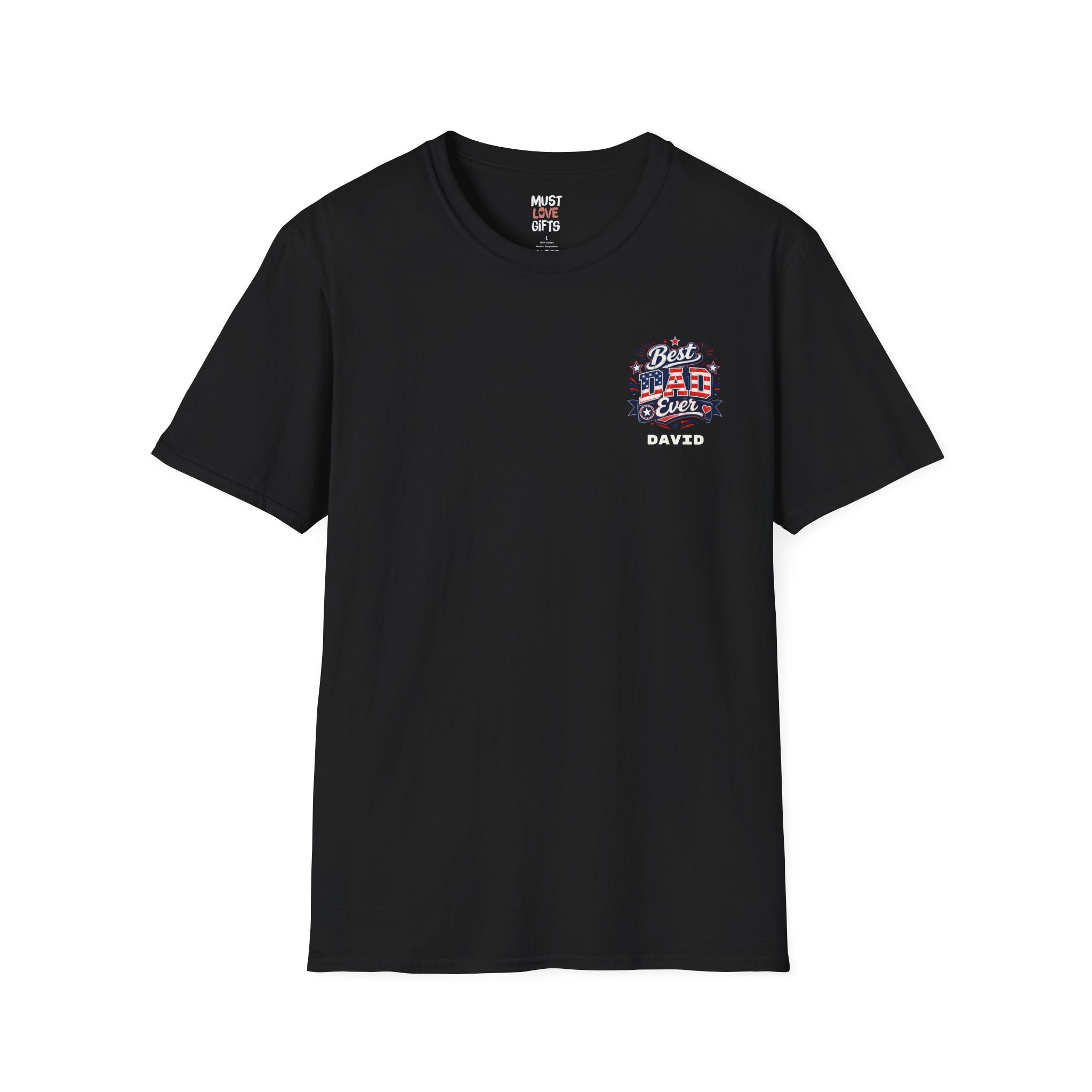 Personalized Best Dad Ever t-shirt – black crewneck with patriotic chest print and name David