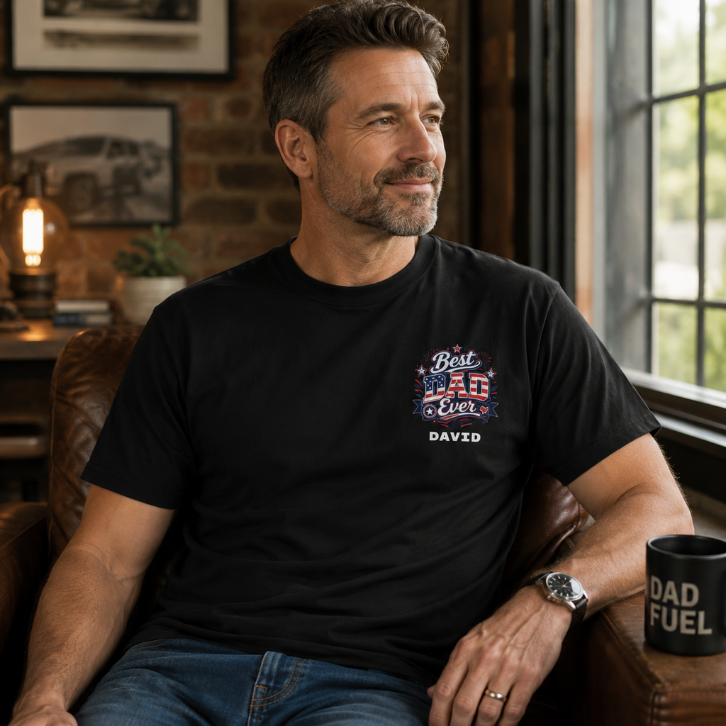 Personalized Best Dad Ever tee worn – showing chest logo placement
