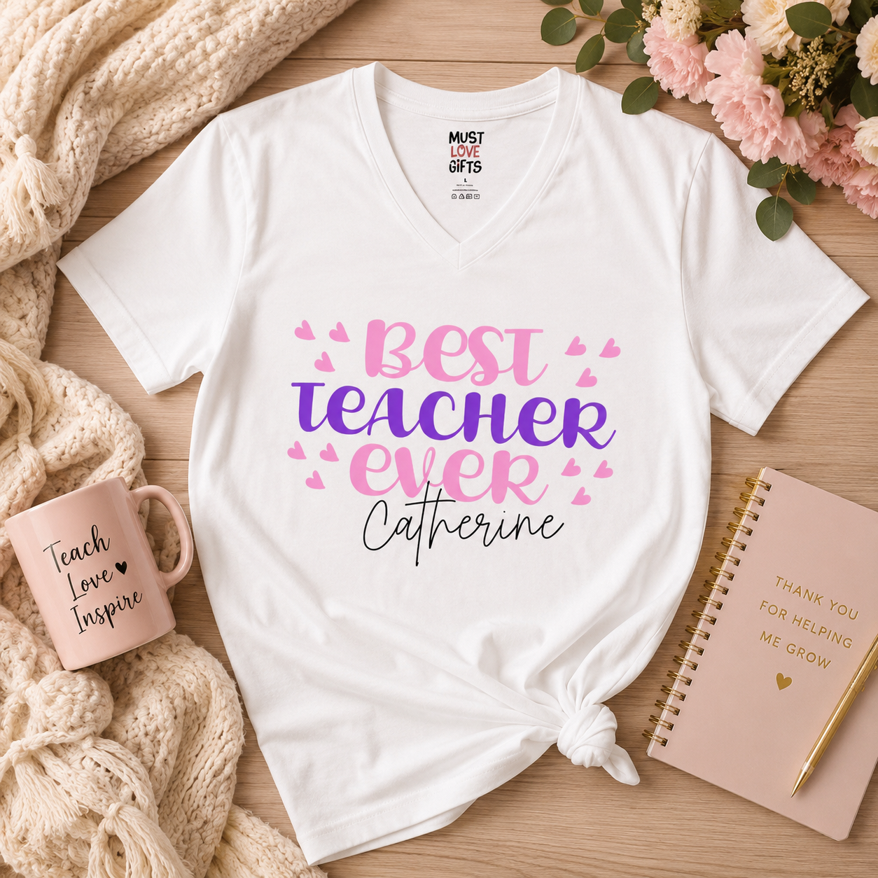 Best Teacher Ever tee close-up of graphic with heart accents and teacher name