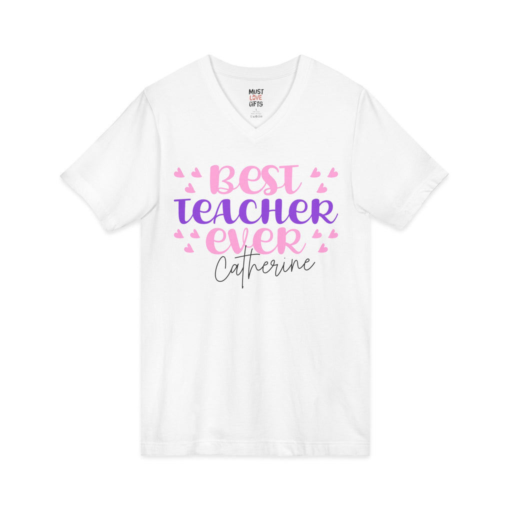 Personalized Best Teacher Ever V-neck tee front view - pink and purple typography with hearts