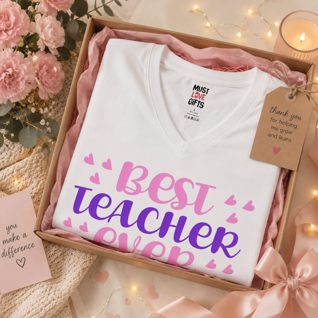 Personalized teacher gift tee lifestyle photo - white shirt worn casually