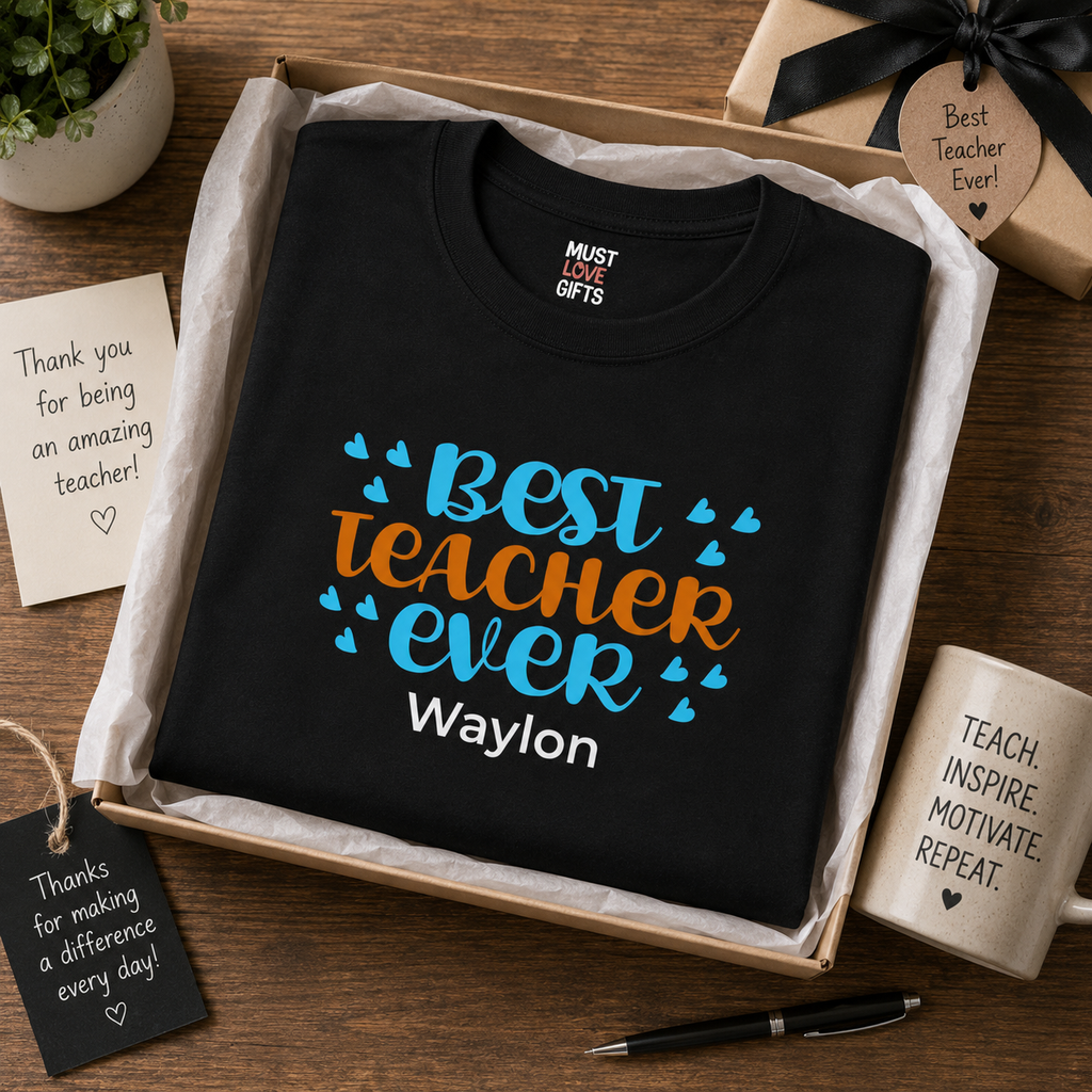 Black teacher appreciation tee flat lay – personalized with teacher name