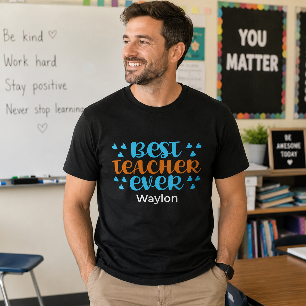 Best Teacher Ever tee close-up – full front print with custom teacher name