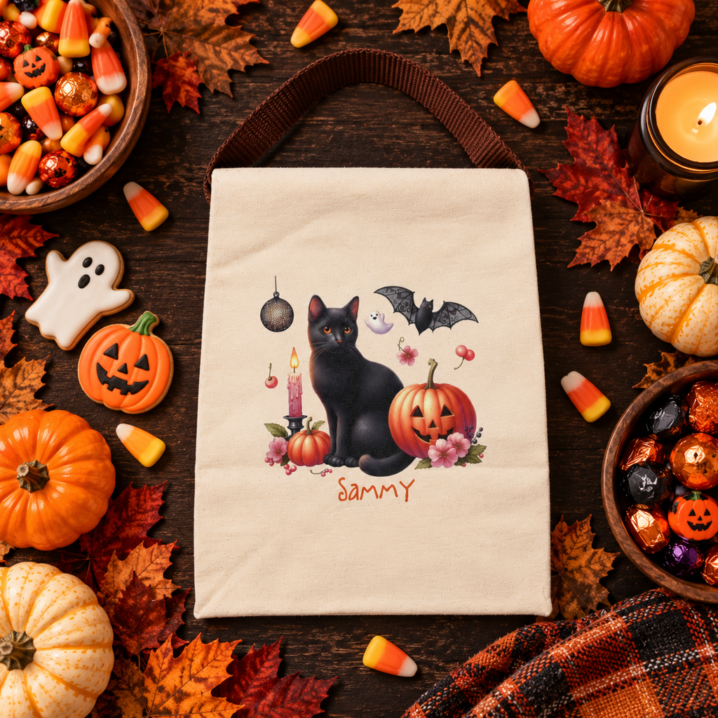 Back view of the black cat Halloween canvas lunch bag showing the brown strap handle