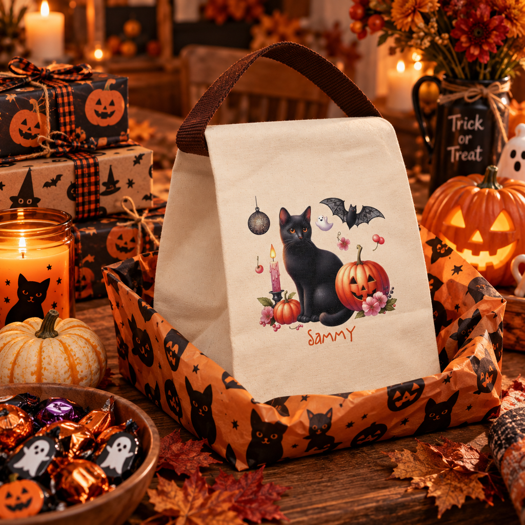 Black cat halloween canvas lunch bag shown as a Halloween gift, personalized with custom name