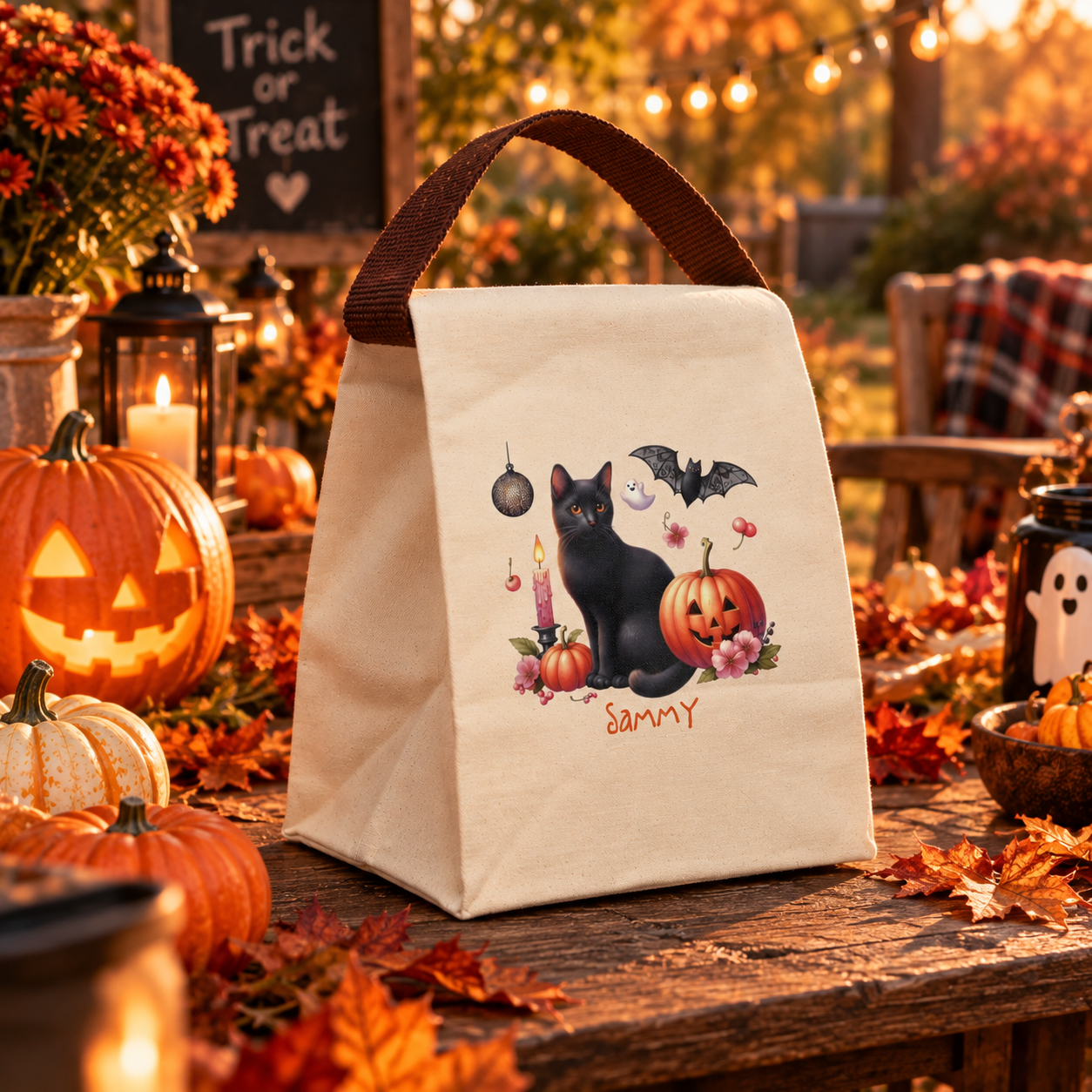 Open view of the black cat Halloween canvas lunch bag showing the roomy roll-top interior