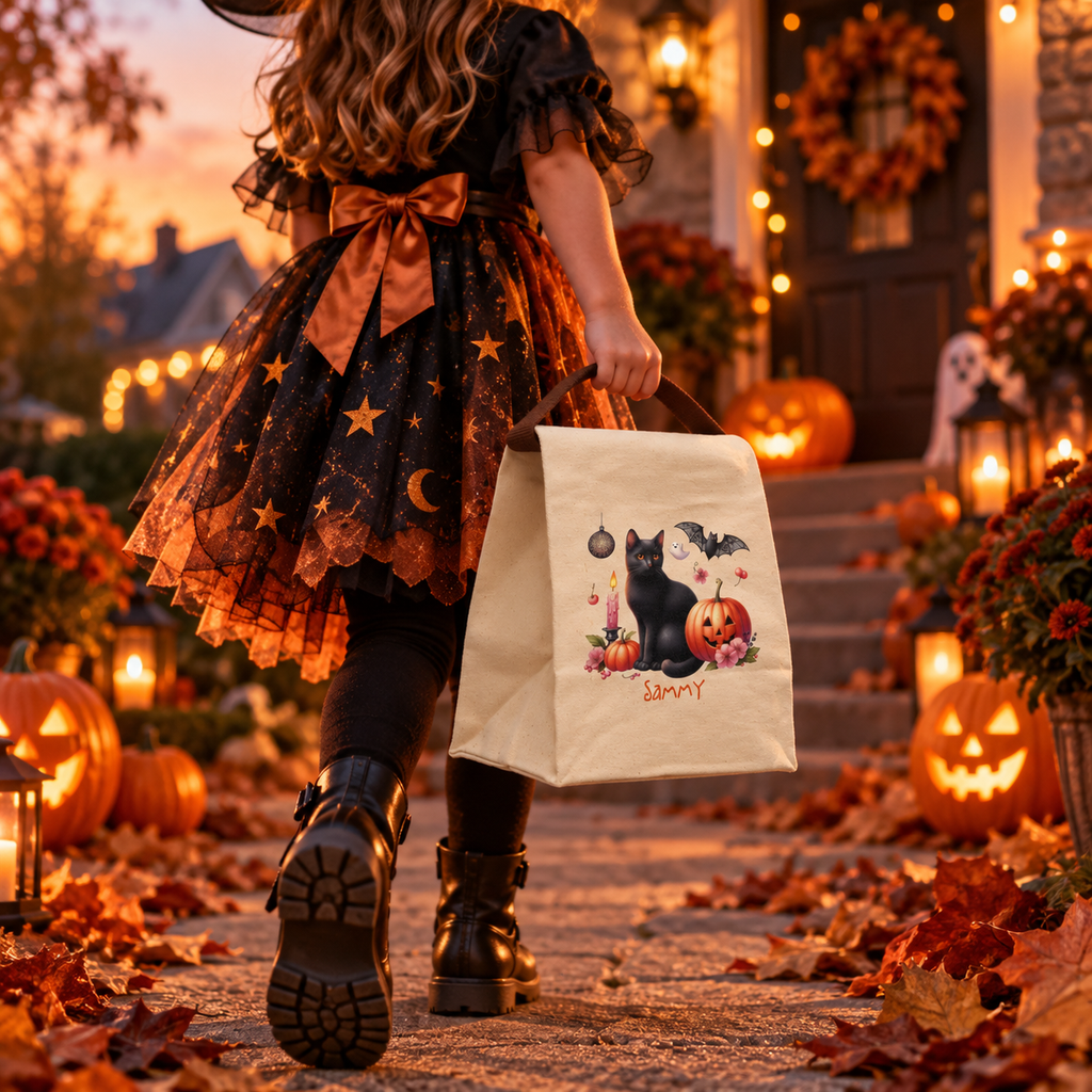 Black cat halloween canvas lunch bag styled for a fall lunch, personalized with custom name