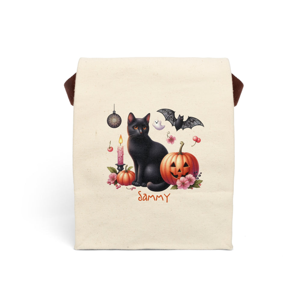 Personalized black cat Halloween canvas lunch bag with pumpkins and custom name