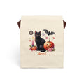 Personalized black cat Halloween canvas lunch bag with pumpkins and custom name